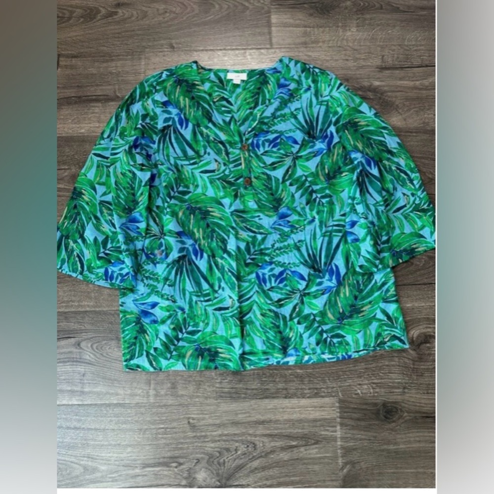 NWOT J.Jill Voile Shirred Tunic Blouse Blue Green Lightweight Cotton Size Large - Picture 2 of 8